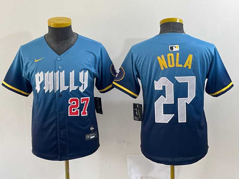 Womens Philadelphia Phillies #27 Aaron Nola Blue 2024 City Connect Limited Stitched Jersey->mlb womens jerseys->MLB Jersey